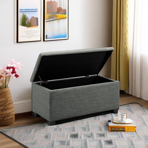 Amazon Basics Upholstered Storage Ottoman Bench with Soft Close Lid, Child-Safety Hinge, 35.5"W x 16.5"D x 17"H, Charcoal Gray