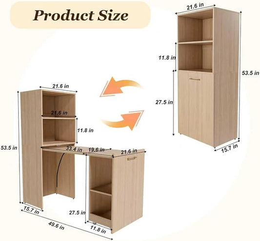 KEIKI Home Office Stretchable Desks with Storage Shelves and Mobile Wheels, Modern Wood Foldable Desk Gaming Computer Corner Table for Apartments Work, Study, Writing, Natural