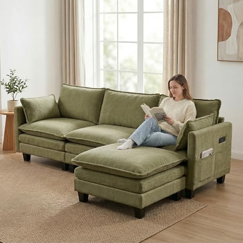 ZEIINPA L Shaped Modular Sectional Sofa with USB, 110.4" Comfy Upholstery Chenille Deep Seat Cloud Couch with Ottoman, Modern 4-Seat Couches for Living Room, Bedroom, Apartment, Green