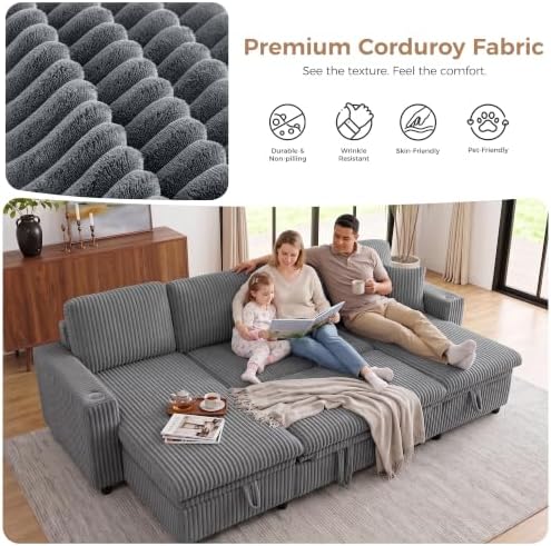 U-Shaped Sectional Sleeper Sofa with Pull Out Bed, Dark Grey