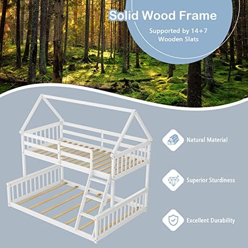 GIANTEX Wood Twin Over Full Bunk Bed, Solid Wood House Bed Frame Built in Ladder & Safety Guardrails, Convertible to 2 Beds, Floor Bunk Bed for Kids Teens Juniors, No Box Spring Needed, White
