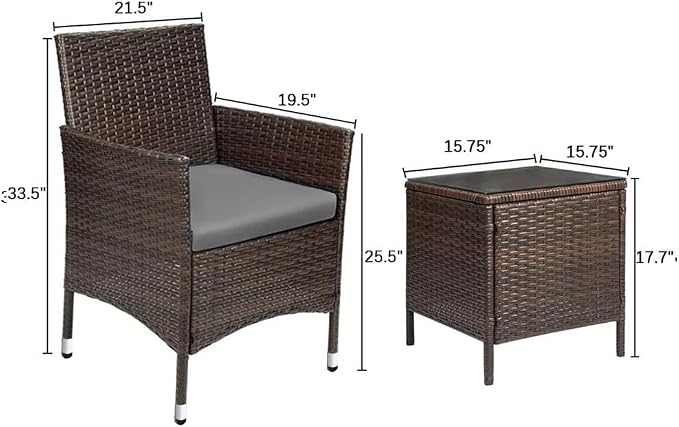 Devoko Patio Porch Furniture Sets 3 Pieces PE Rattan Wicker Chairs with Table Outdoor Garden Furniture Sets (Brown/Grey)