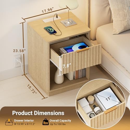 18"W Modern Fluted Nightstand with Charging Station, Natural Oak
