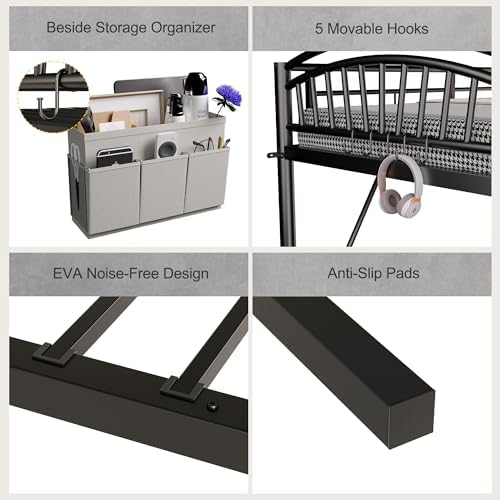Decofy Metal Loft Bed Twin Size, Heavy Duty Loft Bed with Bedside Caddy, EVA Anti-Slip Ladder with Sturdy Guardrails, Space-Saving Twin Size Loft Bed for Teens & Adults for Bedroom Dorm (Dark Black)