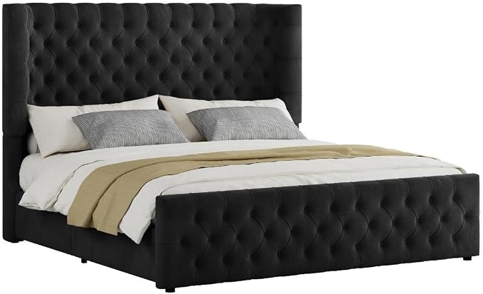 Jocisland King Size Upholstered Bed Frame with 6.3-Inch Curved Wingback Headboard, Tufted Footboard, Wood Slats, No Box Spring Needed, Black Velvet
