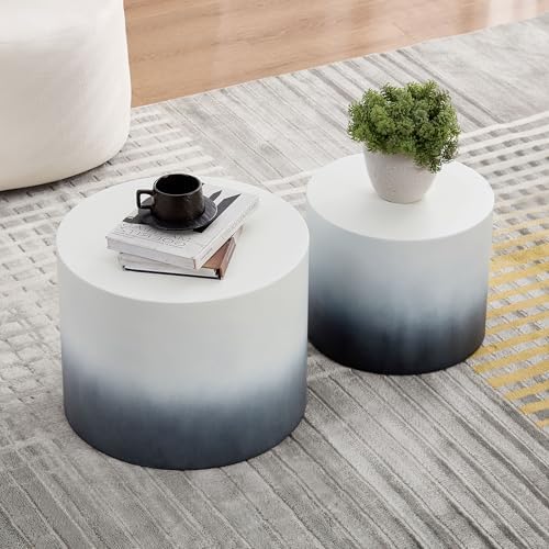 18.9" Gradient Color Nesting Coffee Table Set of 2 for Living Room, Modern Round Coffee Tables Accent Circle Tea Table Set for Small Space, No Assembling, White + Blue