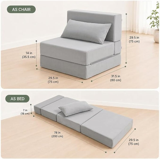 Folding Sofa Bed, Convertible Sleeper Chair with Pillow, Foldable Mattress & Back Support, Portable Floor Lounger Futon for Apartment, Dorm, Living Room, Bedroom (Gray)