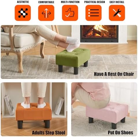 BRIAN & DANY Small Foot Stool, Linen Foot Stools with Legs, Stable Small Footstool for Living Room, Light Pink