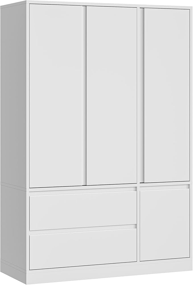 IRONCK 47.2" Armoire Wardrobe Closet with Drawers, White Armoire with Hanging Rods & DIY Adjustable Shelves, Modern Wardrobe with Soft-Close Hinges, Freestanding Closet for Bedroom