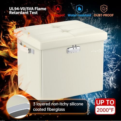 DocSafe Storage Ottoman with Lock,Fireproof&Waterproof 17 Inches Folding Storage Box with Handles Safe for Important Documents,Leather Storage Ottoman Storage Chest for Living Room,Bedroom,Beige