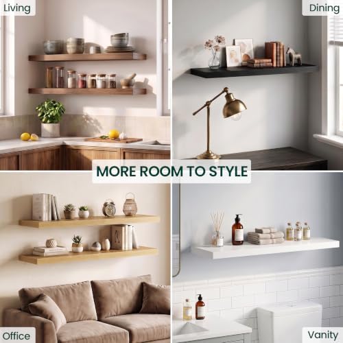 12 Inch Deep Floating Shelves Walnut, 24 Inch Long, 2" Thick Floating Shelves for Wall, Hidden Bracket, Scratch-Resistant Wood Grain for Bedroom Bathroom Kitchen, Coffee Bar, Bookshelf