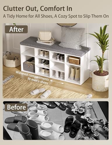 Shoe Storage Bench with Cushion, 40.9" Cubby Shoe Rack, 12-Cubby