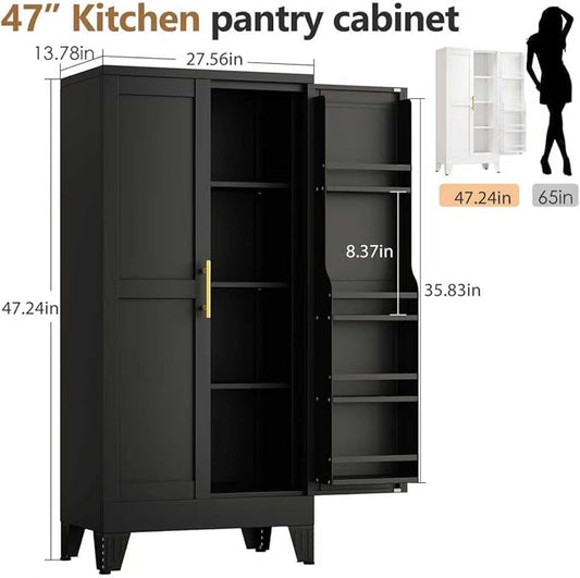 PAOFIN 47" Kitchen Pantry Cabinet, Metal Storage Cabinet with 3 Adjustable Layer Shelves, 8 Door Shelves, Buffet Sideboard for Living Room, Kitchen, Black