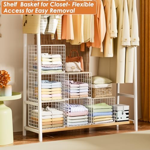5PCS Stackable Closet Organizers and Storage, Closet Shelves with Wood Top Extra Storage, Clothes Storage Organizer Basket Bin/Cube for Home Wardrobe Organization(White-Sturdy Metal)
