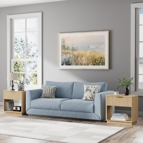 Fluted Nightstand with Charging Station, 23" W Night Stand with Metal Handle, FSC-Certified Wood, Modern End Table w/Storage, Bedside Table for Bedroom, Curved Profile Design, Natural Oak