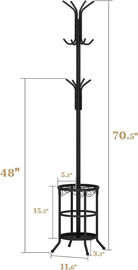 Coat Rack Freestanding with Umbrella Holder – Metal Hanger Stand, Hall Tree with 12 Hooks, Entryway Organizer for Hats, Bags, and Clothes (Black)