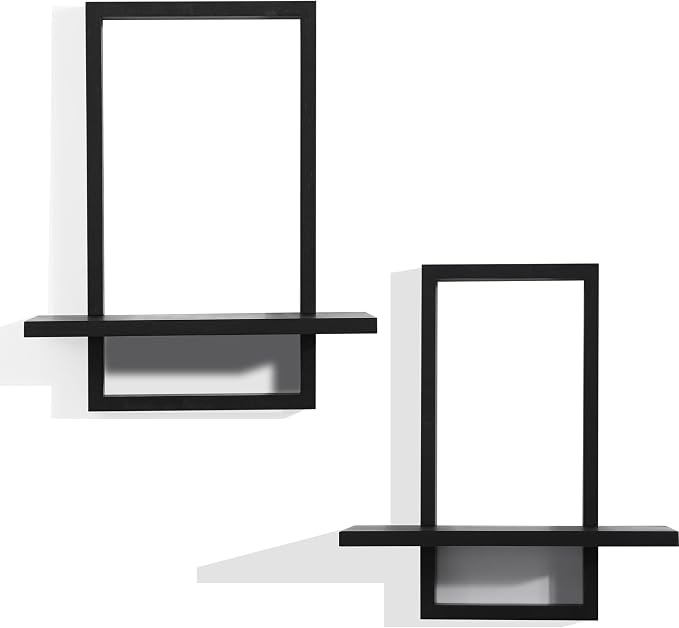 PHOENANCEE Square Floating Shelves,Wall Plants Holder,Bathroom Wall Decor,Framed Decorative Shelf Black,Modern Chic Set of 2 for Living Room Bedroom Home Office,Soild Wood,L+S