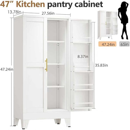 PAOFIN 47" Kitchen Pantry Cabinet, Metal Storage Cabinet with 3 Adjustable Layer Shelves, 8 Door Shelves, Buffet Sideboard for Living Room, Kitchen, White