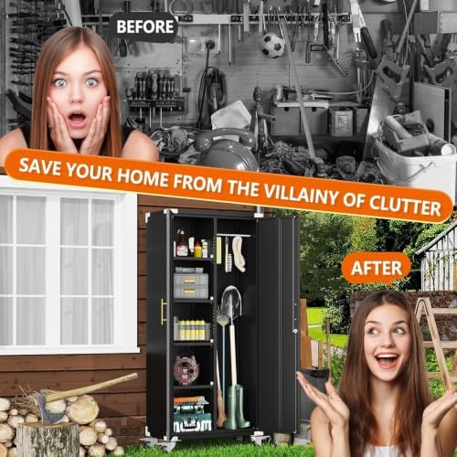Broom Closet Storage Cabinet with Rolling, Metal Cleaning Cabinets with Hanging Rod and S-Hooks, Lockable Tool Cabinets, Utility Cabinet for Garden, Office, Laundry Room,Garage, Black