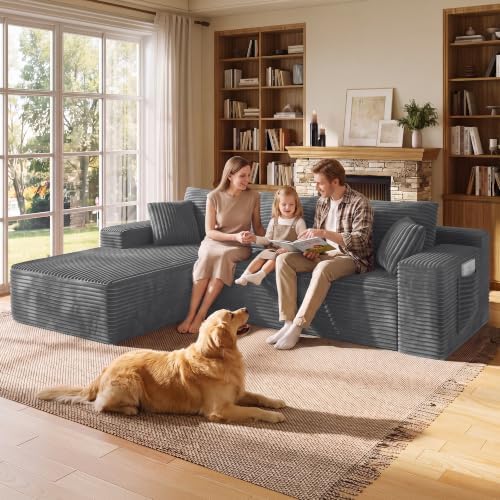 WINBOY 106" L Shaped Boneless Couches for Living Room, Comfy Modular Deep Seat Compressed Corduroy Sofawith Side Pocket,Grey, Left Facing Chiase