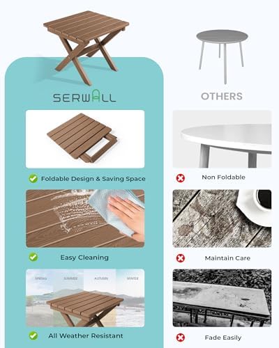 SERWALL Small Folding Side Table, HDPE Outdoor End Table, Brown