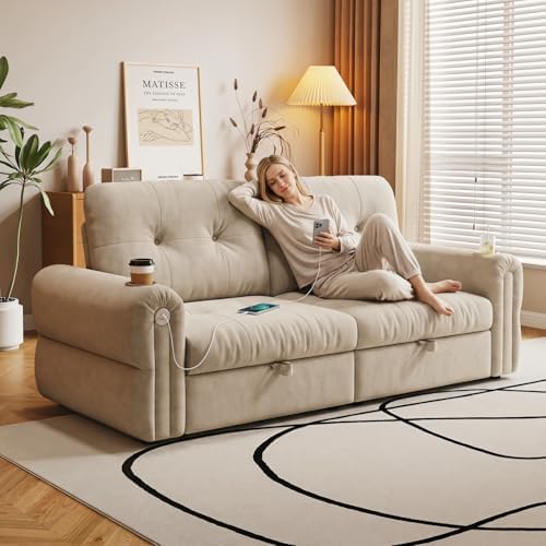 Convertible Couches, Queen Size Pull Out Sofa Bed with USB Charging Port and Cup Holders, Plannelette Fabric Convertible Sofa Bed for Small Space, Living Room, Apartment, Guest Room, Beige