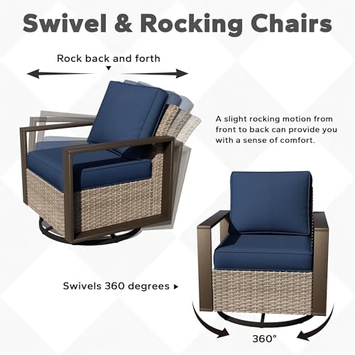 Joyside Outdoor Patio Swivel Rocker Chairs Set, 6 Pieces Wicker Rattan Chairs with Metal Wide Armrest, Thick Cushions and Deep Seating for Garden, Backyard, Porch, Deck