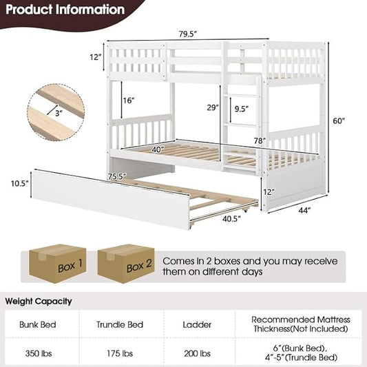 NAFORT Twin Over Full Bunk Bed with Trundle, Solid Wood Bunk Bed Frame, Ladder & Guardrails, Converts to 2 Platform Beds for Kids/Teens/Guests (White, Twin Over Twin with Trundle)