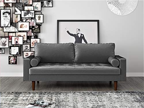Container Furniture Direct Womble Mid Century Modern Velvet Upholstered Tufted Seat with Bolster Pillows, Loveseat, Sofa, Grey