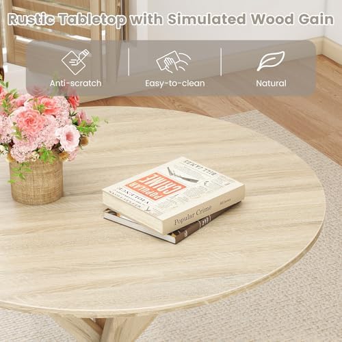 Tangkula 36" Round Dining Table, Mid-Century Modern Kitchen Table with Rubber Wood Legs, Vintage Table with Pedestal Base & Adjustable Foot Pads, Side Table for Home, Office, Bar (Oak)