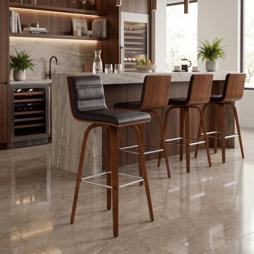 Armen Living Vienna 30" Bar Height Swivel Brown Faux Leather and Walnut Wood Bar Stool