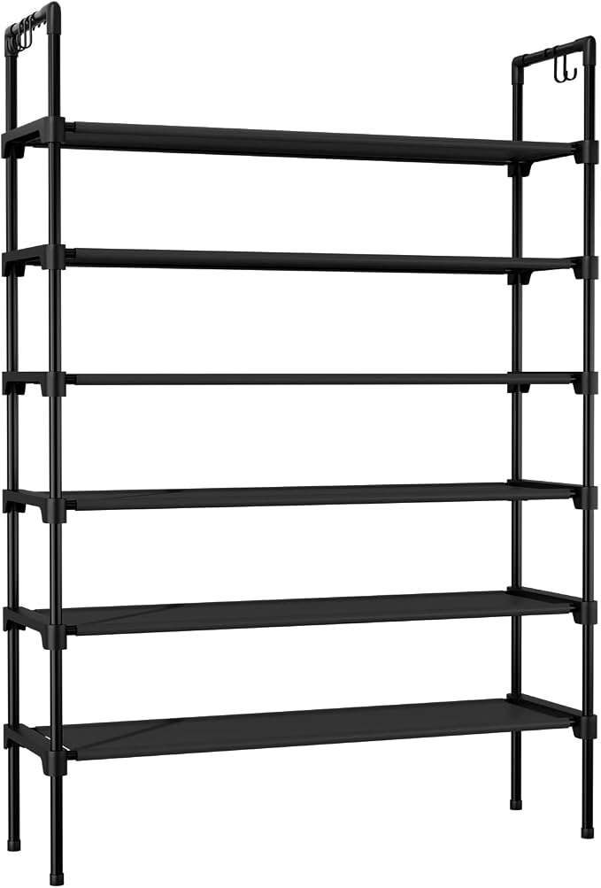 LANTEFUL 6 Tier Shoe Rack for Closet Shoe Organizer with 5 Hooks, Long Shoe Shelf Storage for Shoe and Boot Stackable Free Standing Shoe Rack for Entryway, Garage, Small Spaces, Dorm, Black