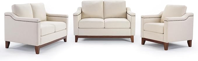 HAOMARKETS Modern 3 Piece Sofa Set with Rivets, Included Fabric Accent Chair, and Upholstered Loveseat 2-Seater Couches Set of 2 with Solid Wood Legs, Living Room Furniture Set,Beige
