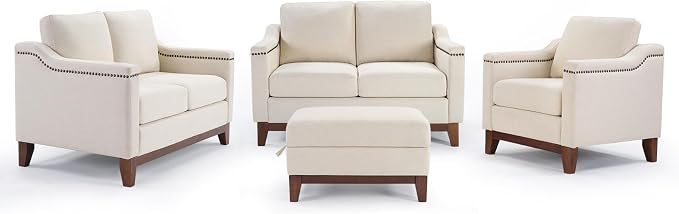HAOMARKETS 4 Piece Fabric Sofa Set with Nailhead Trim, Included Comfy Accent Chair, Upholstered Loveseat 2-Seater Sofa Couches Set of 2 and Storage Ottoman with Flip-Top Table for Living Room,Beige