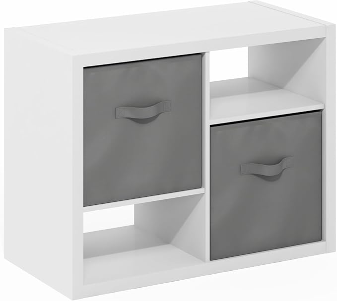 Furinno Viola Standing Storage Shelf with Two Storage Bins, White/Light Grey