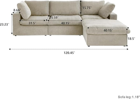 L-Shaped Modular Sectional Sofa with Storage Ottoman for Living Room, Cloud Couch, Covers Washable&Replaceable, Khaki