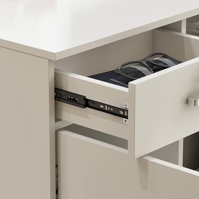 AIEGLE Reception Desk with Hutch, Reception Counter Desk with Lockable Drawers & Shelves, for Salon Recetion Room Retail Counter Checkout Office, White (55.1" W x 43.3" D x 43.3" H)