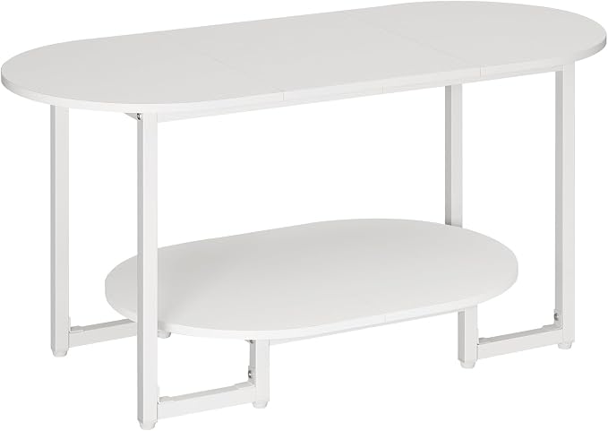 HOOBRO Coffee Table for Living Room, Oval Small Coffee Table with 2-Tier Open Storage Shelf, Industrial Cocktail Tea Table, Wooden Desktop Center Table, Farmhouse, Home Office, White WW09KF01