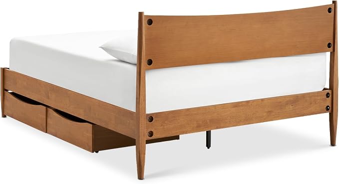 mopio Retrovie Mid-Century Modern Queen Bed Frame – Solid Wood Legs, LVL Slat System, No Box Spring Needed, Supports 661 lbs, Easy Assembly (Walnut, 2 Drawers)