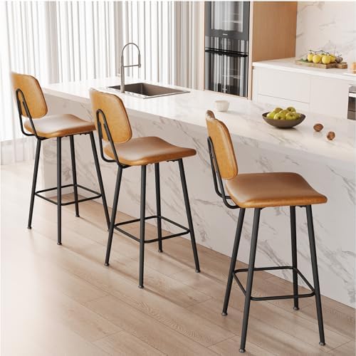 Raynesys 29-Inch Leather Bar Stools Set of 2 with High Backrest, Brown
