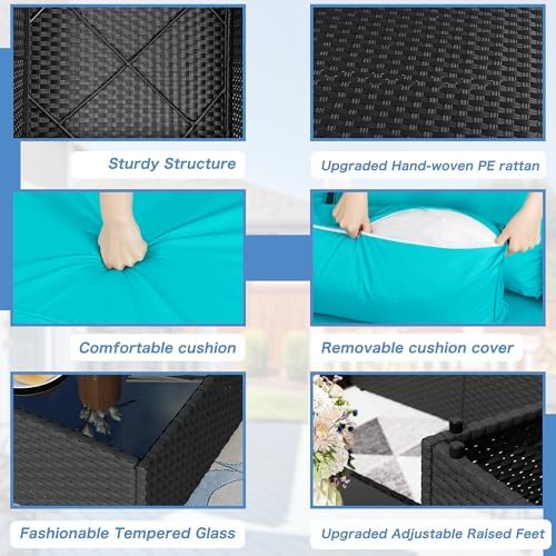 Shintenchi 5 Pieces Outdoor Patio Sectional Sofa Couch, Black PE Wicker Furniture Sets, Patio Conversation Sets with Washable Cushions Coffee Table for Garden, Poolside, Backyard,Blue