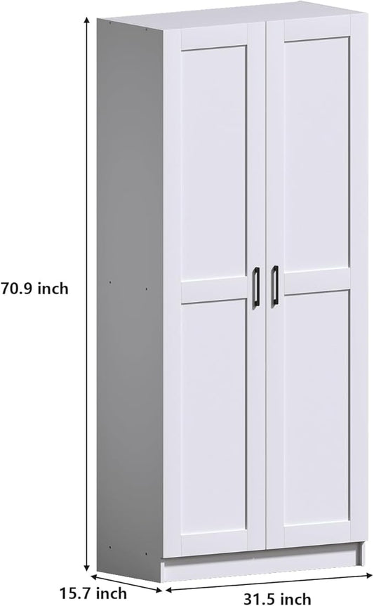 White Tall Kitchen Pantry Cabinet Organizers and Storage with Doors and Adjustable Shelves,Wood Large Gabinetes Para Cocina Office Bookshelf for Laundry Room Cabinets (31.5”W*15.7”D*71”H)