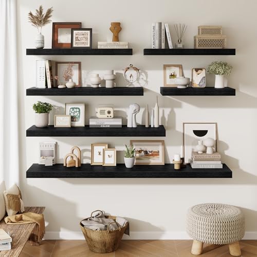 Floating Shelves for Wall 12 Inch, 12 Inch Deep Square Wall Shelves, Bathroom Storage Shelves Over Toilet, Wood Floating Shelves for Living Room Bedroom, Black, Set of 3