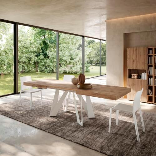 Mobili Fiver, Romina Extendable Table 63(94.5) x35.4 in, Rustic Oak with White Iron Legs, Made in Italy