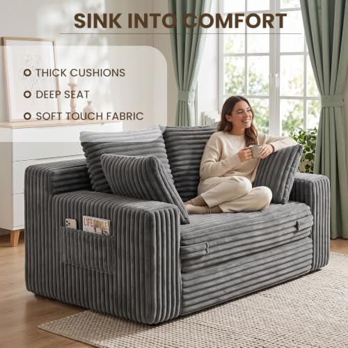 54" Boneless Couch Loveset Sofa Bed Sectional Couches for Bed Room Cloud Convertible Boneless Couch with Pull Out Couch Bed, Removable Floor Sleeper, Side Pockets & 4 Pillows, No Assembly Required