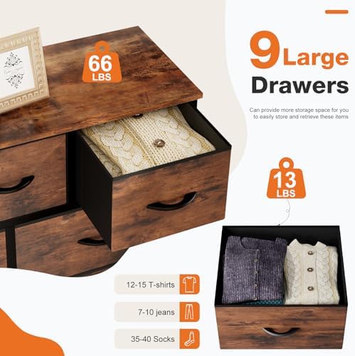 Sweetcrispy 9 Drawer Fabric Dresser Storage Tower Drawer Organizer, Brown