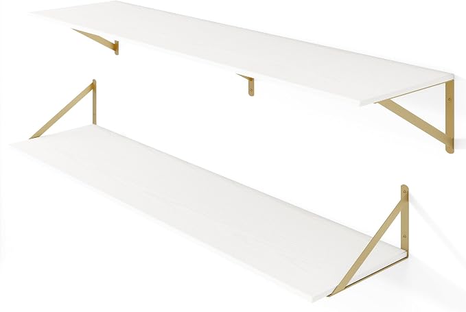 Heimlove Deep Floating Shelves for Wall, 48W x 12D Wood Wall Shelves Set of 2, Wide Floating Bookshelf for Living Room, Kitchen, Office, Bedroom and Decor Storage, with Golden Bracket - White & Gold