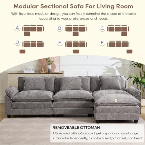 IPKIG 117" Modular Sectional Cloud Couch, Modern L-Shaped Sofa with Ottoman