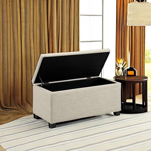 Basics Upholstered Storage Ottoman Bench with Soft Close Lid, Child-Safety Hinge, No Assembly Required, 35.5"W x 16.5"D x 17"H, Beige