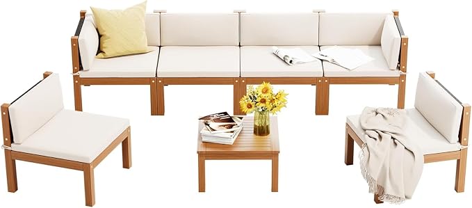 Greesum 7 Pieces Small Patio Sofa, Acacia Wood Frame, Padded Patio Conversation and Chairs Set for Garden, Backyard, Poolside, Beige